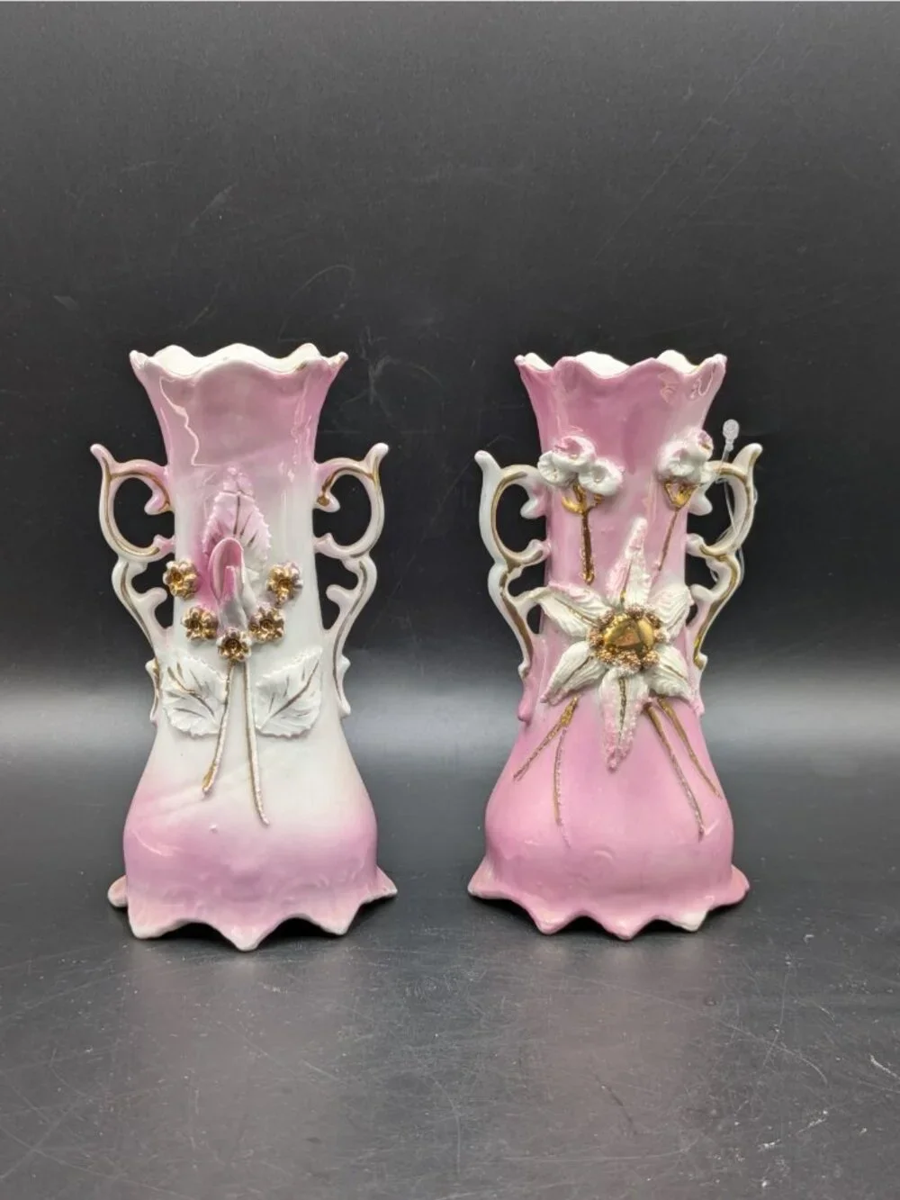Antique Pair Baroque Vases Porcelain Applied Flowers Pink Gold Accents Germany